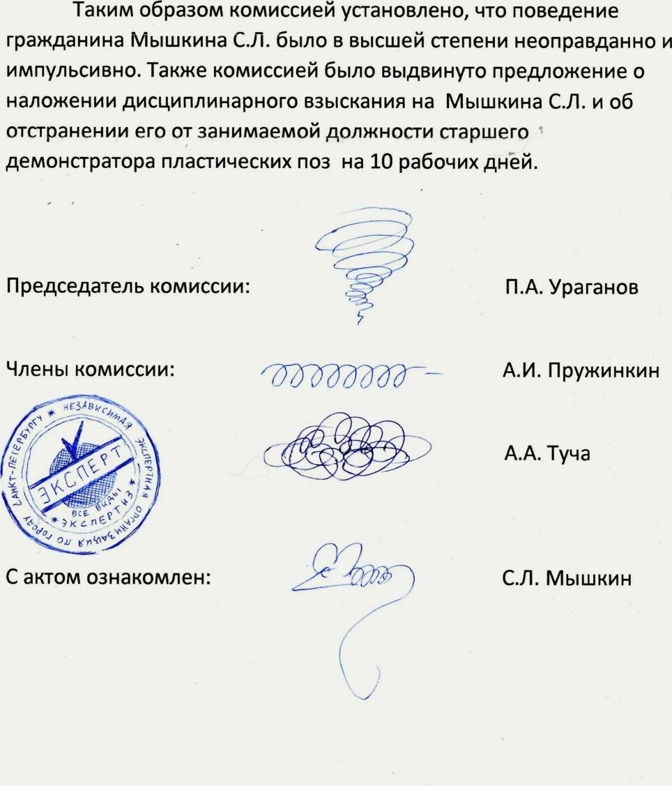 Таким образом номиссией упановлеио что поведение гражданина Мышкина с по было в высшей пепеии неоправданно и импульсивно Также комиссией Была вьщпииуго предложение о наложении дисциплинарного взыскания на Мышнина сл и об отстранении его от занимаемой должности паршсго демонтаюра плаггических поа на 10 рабочих дней председатель иомиссии пл ураганов лены номиссии П т Пут АМ Пружиикин АА Туча с мом о