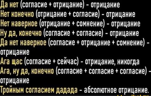 да нет согласие шрнцание отрицание Нет конечно шрицание согласие отрицание Нет наверное отрицание сомнение отрицание Ну да конечно согласие согласие отрицание да нет наверное согласие отрицание сомнение трицание Ага цас сппгасие сейчас отрицание никогда Ага ну да конечно согласие согласие согласие отрицание Тройнын согласием делала абсолютноелтрнлание