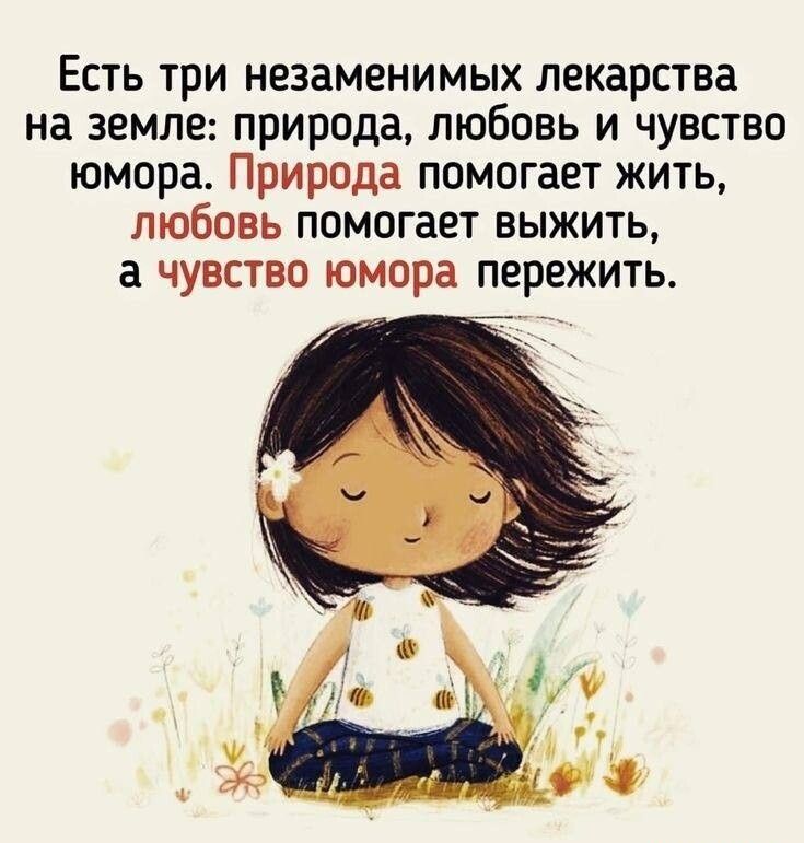 Есть три незаменимых лекарства на земле природа любовь и чувство юмора Природа помогает жить любовь помогает выжить а чувство юмора пережить