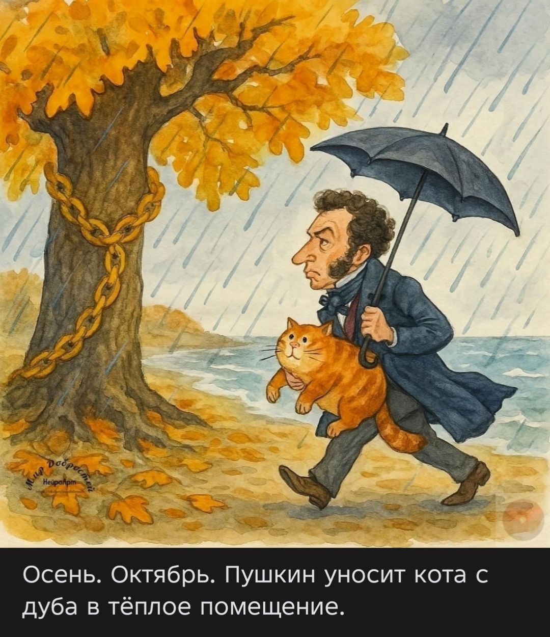 Осень. Октябрь. Пушкин уносит кота с дуба в тёплое помещение.