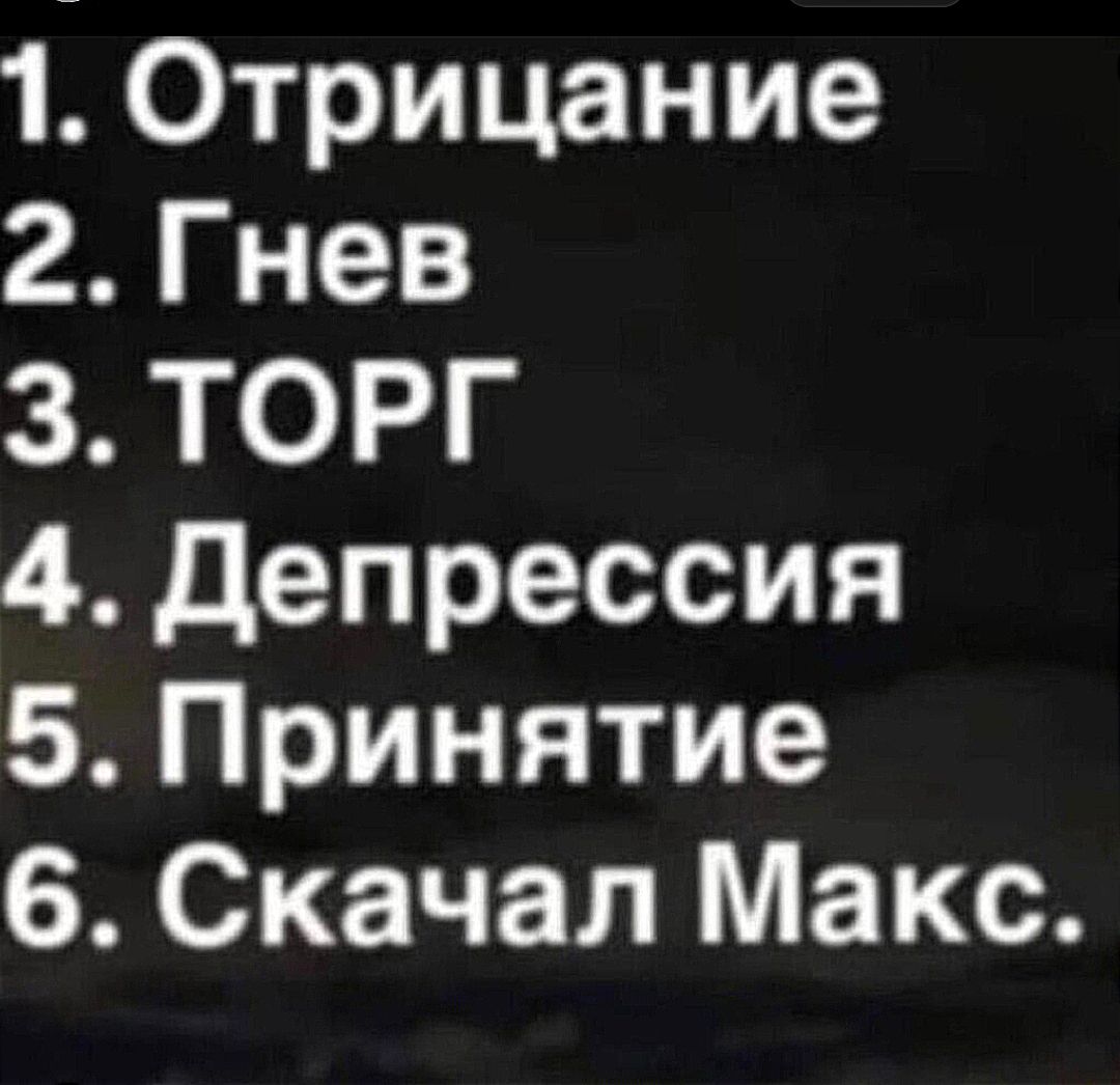 1. Отрицание 2. Гнев 3. ТОРГ 4. Депрессия 5. Принятие 6. Скачал Макс.