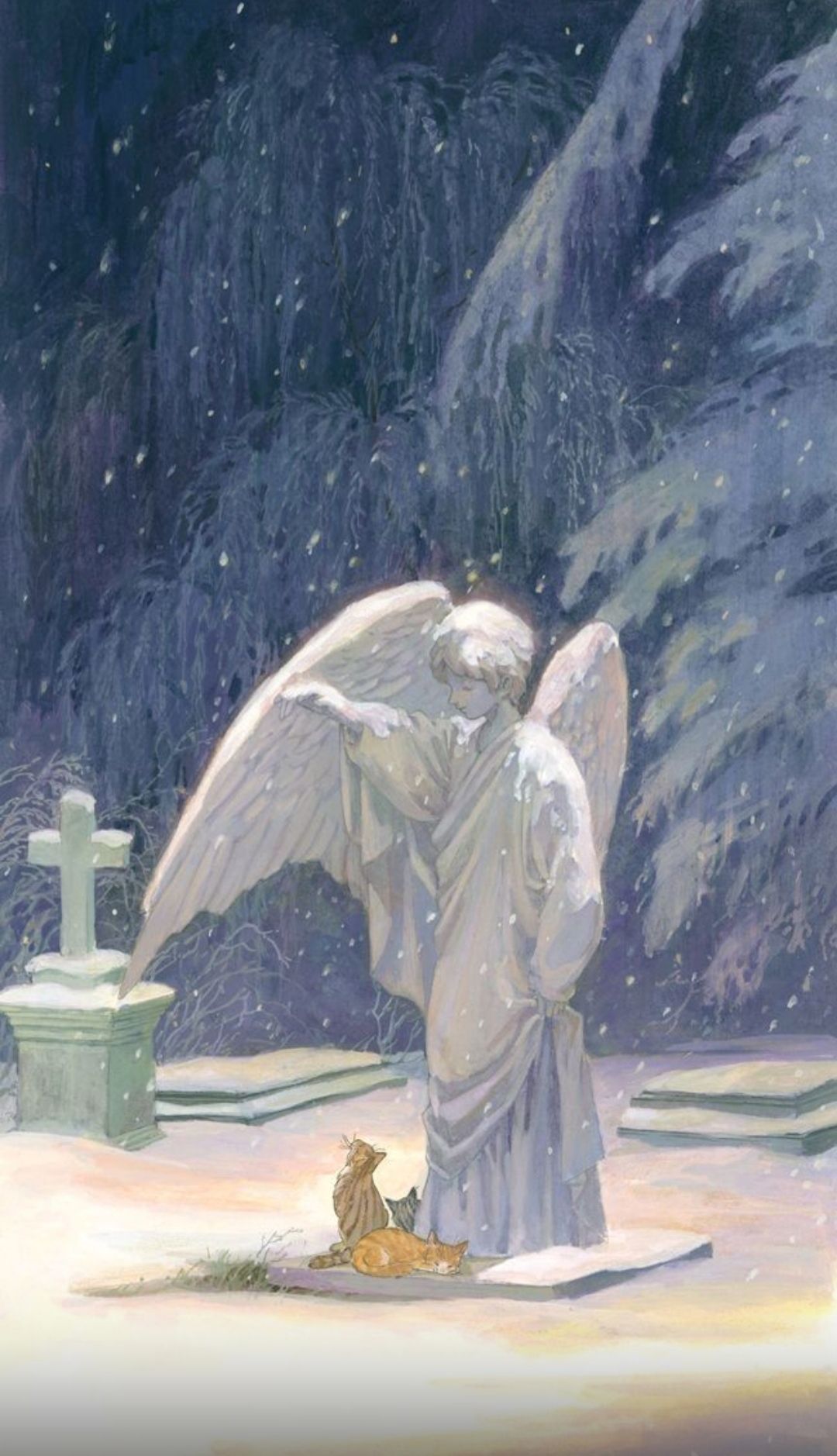 Снежный вечер: ангел над могилой, рядом кот.