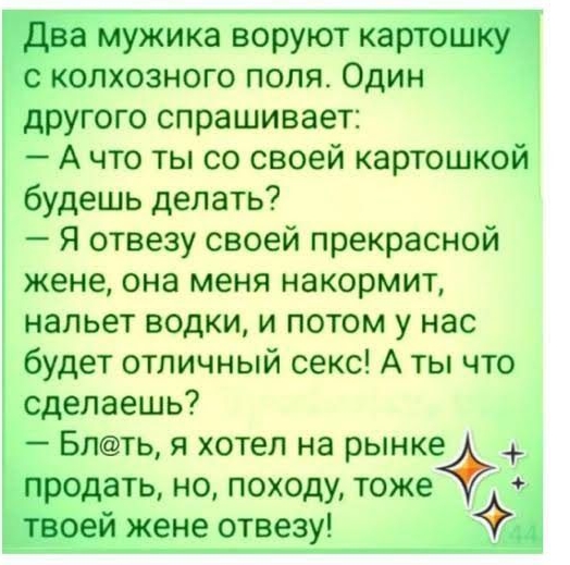 ика воруют ка колхозного поля Один другого спрашивает А что ты со своей картошкой будешь делать Я отвезу своей прекрасной жене она меня накормит нальет водки и потом у нас будет отличный секс А ты что сделаешь Блть я хотел на рынке 4 ать но походу тоже4 жене отвезу