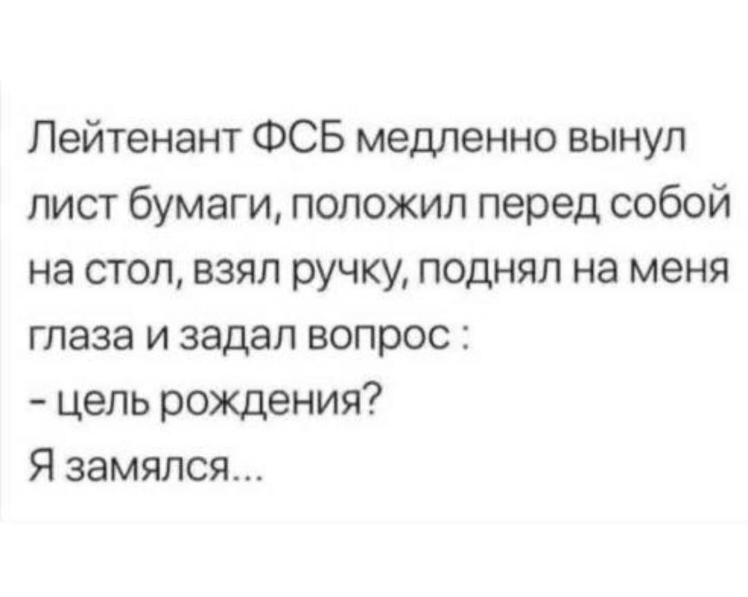 Лейтенант ФСБ медленно вынул лист бумаги положил перед собой на стол взял ручку поднял на меня глаза и задал вопрос цель рождения Я замялся