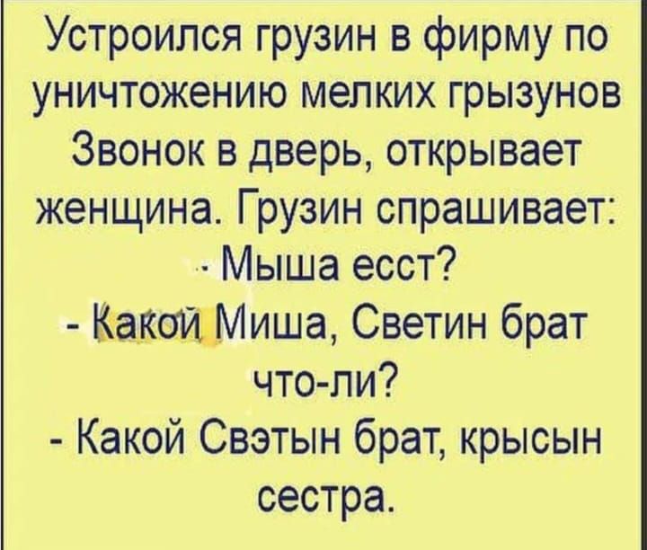Устроился грузин в фирму по уничтожению мелких грызунов Звонок в дверь открывает женщина Грузин спрашивает Мыша есст КакойаМиша Светин брат что пи Какой Свэтын брат крысын сестра
