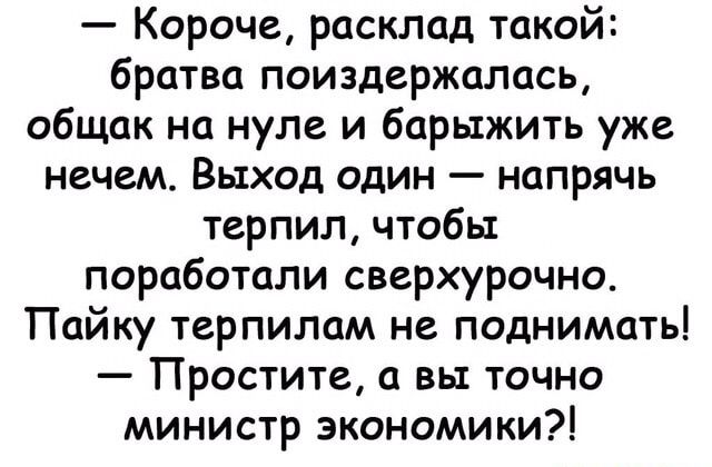 Короче расклад такой братва поиздержалась общак на нуле и барыжить уже нечем Выход один напрячь терпил чтобы поработали сверхурочно Пайку терпилам не поднимать Простите а вы точно министр экономики