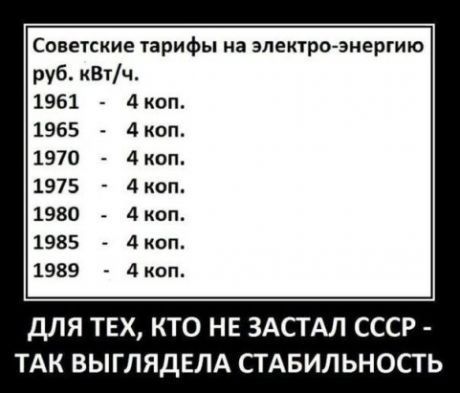 Советские тарифы на электро энергию руб кВтч 1961 4 коп 1965 4 коп 1970 4 коп 1975 4 коп 1980 4 коп 1985 4 коп 1989 4 коп дЛЯ ТЕХ КТО НЕ ЗАСТАЛ СССР ТАК ВЫГЛЯДЕЛА СТАБИЛЬНОСТЬ
