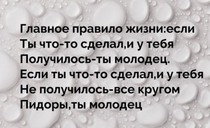 Главное правило жизниесли Ты что то сделалм у тебя Получилось ты молодец Если ты что то сделалм у тебя Не получилосьвсе кругом Пидорыты молодец