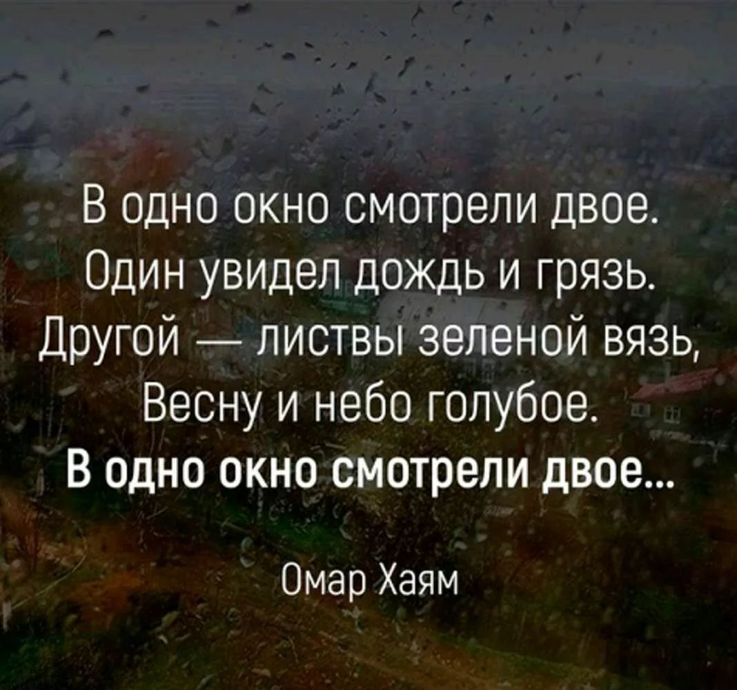 В одно окно смотрели двое Один увидел дождь и грязь Другой листвы зеленой вязь Весну и небо голубое в одно окно смотрели двое Омар Хаям