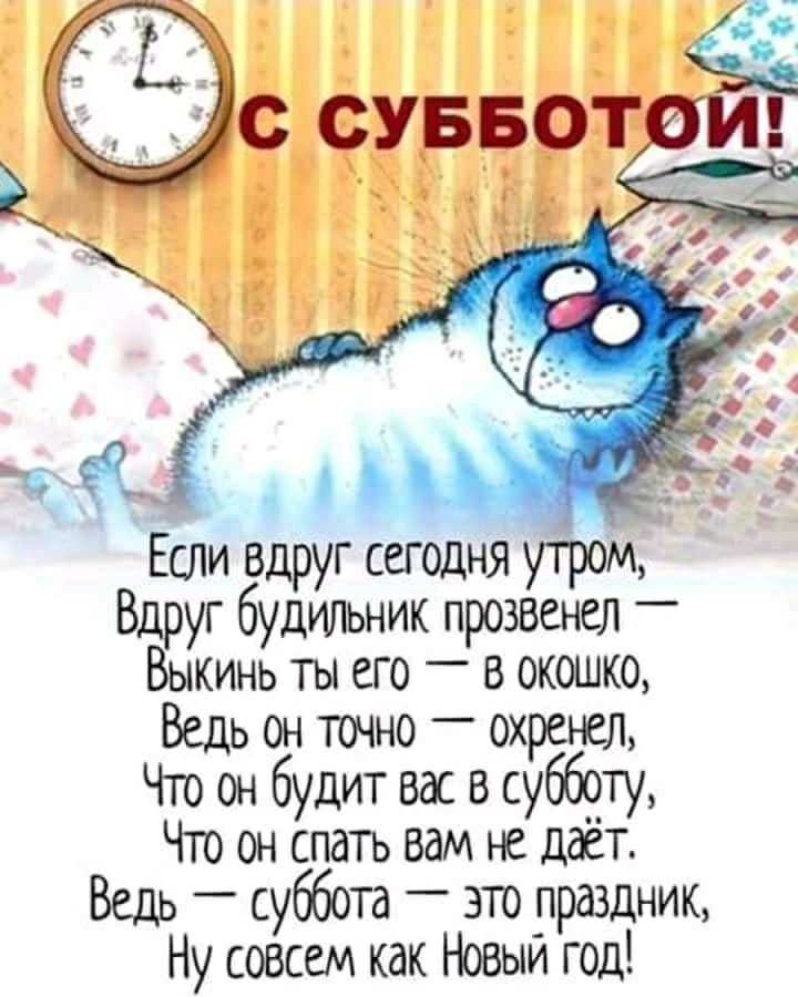 Если вдруг сегодня утром Вдруг будильник прозвенел _ вать ты его в окошко он точно _ ох нел Что он будит вас в сагботу Что он спать вам не даёт Ведь суббота это праздник Ну совсем как Новый год
