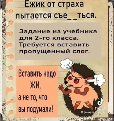 Ежик от страха _ пытается съе_ _ться Задание из учебника для 2 го класса Требуется вставить пропущенный слог к ЖИ а не то что вы подумали