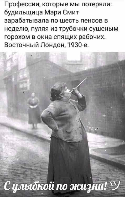 Профессии которые мы потеряли будильщица Мэри Смит зарабатывала по шесть пенсов в неделю пуляя из трубочки сушеным горохом в окна спящих рабочих Восточный Лондон 1930 е