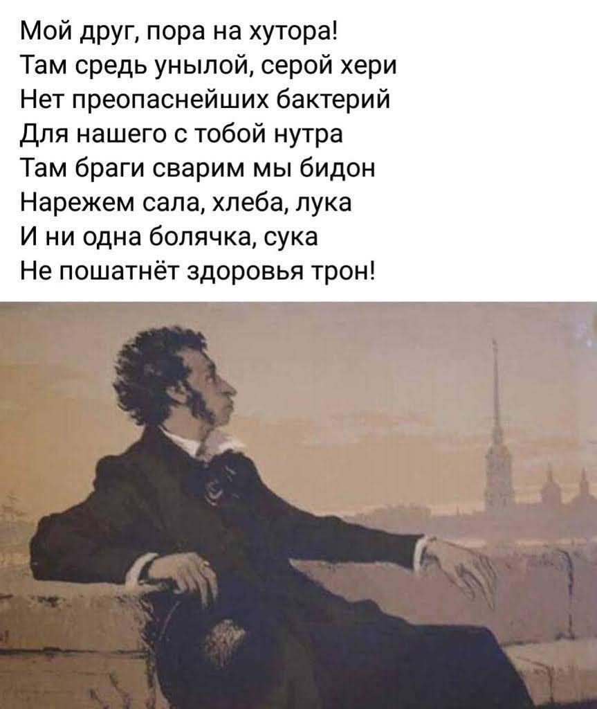 Мой друг пора на хутора Там средь унылой серой хери Нет преопаснейших бактерий Для нашего с тобой нутра Там браги сварим мы бидон Нарежем сапа хлеба лука И ни одна болячка сука Не пошатнёт здоровья трон