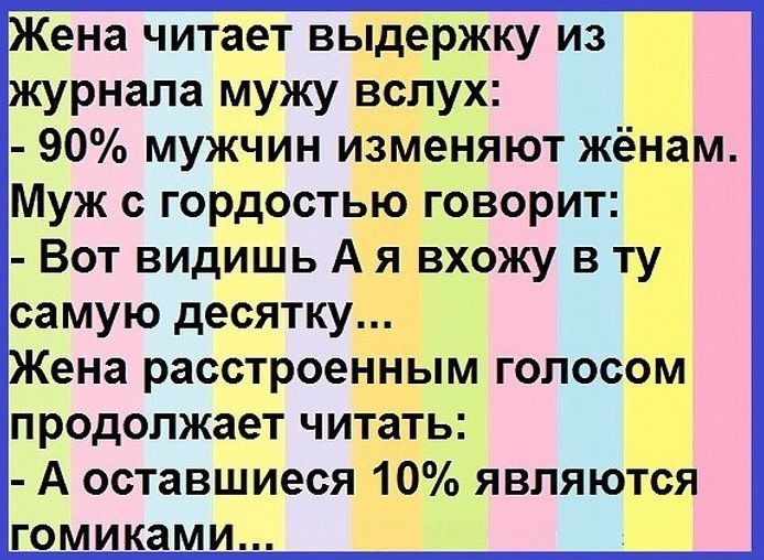 ена читает выдержку из рнапа мужу вслух 90 мужчин изменяют жёнам Муж с гордостью говорит Вот видишь Ая вхожу в ту самую десятку ена расстроенным голосом продолжает читать А оставшиеся 10 являются гомиками