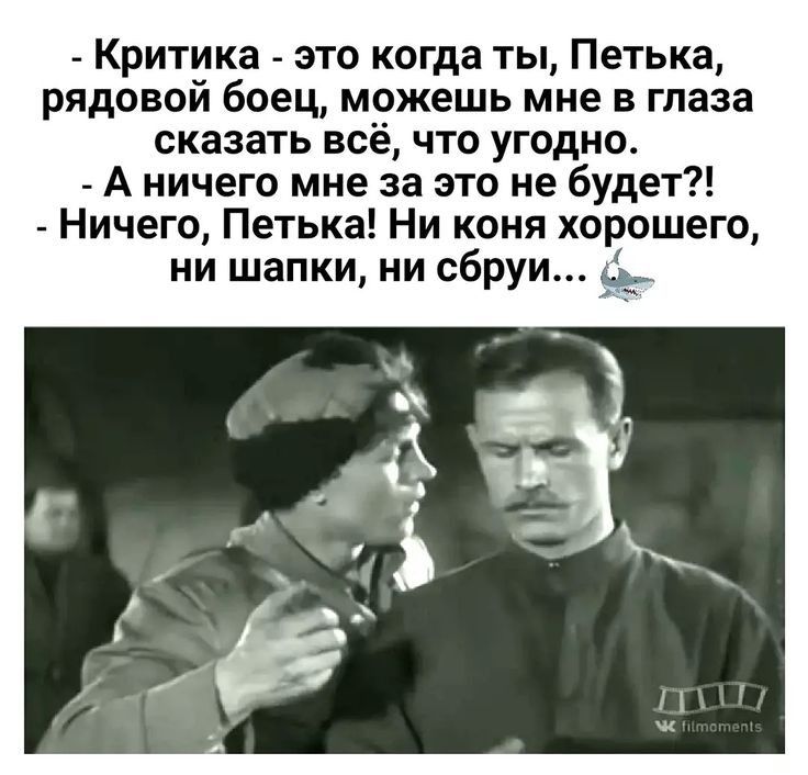 Критика это когда ты Петька рядовой боец можешь мне в глаза сказать всё что угодно А ничего мне за это не будет Ничего Петька Ни коня хорошего ни шапки ни сбруи 45