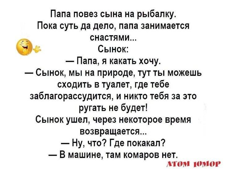 Папа повез сына на рыбалку Пока суть да дело папа занимается снастями еі Сынок Папа я какать хочу _ Сынок мы на природе тут ты можешь сходить в туалет где тебе заблагорассудится и никто тебя за это ругать не будет Сынок ушел через некоторое время возвращается Ну что Где пояакап В машине там комаров не тип