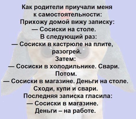Как роди1епи приучапи меня к самостоятельности Прихожу домой вижу записку Сосиски на столе В следующий раз Сосиски в кастрюле на плите разогрей Затем Сосиски в холодильнике Свари Потом Сосиски в магазине деньги на столе Сходи купи и свари Последняя записка гпасипа Сосиски в магазине деньги на работе