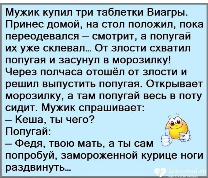 Мужик купил три таблетки Виагры Принес домой на стол положил пока переодевапся смотрит а попугай ИХ уже скпевап ОТ ЗПОСТИ СХВЗТИП попугая и засунул морозилку Через полчаса отошёл от злости и решил выпустить попугая Открывает морозилку а там попугай весь в поту сидит Мужик спрашивает Кеша ты чего Попугай Федя твою мать а ты сам попробуй замороженной курице ноги раздвинуть