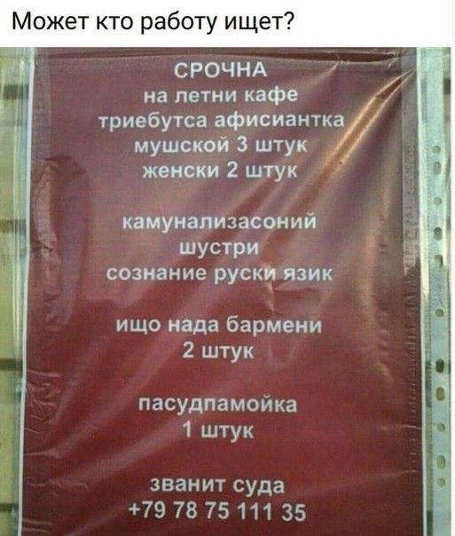 Может кто работу ищет СРОЧНА Ч на петии кафе триебутса афисианТка мушсюй 3 штук женски 2 штук камунализасоний шустри сознание рускэ язик ищо када бармени 2 штук пасудпамоика 1 штук зваиит суда 79 78 7511135