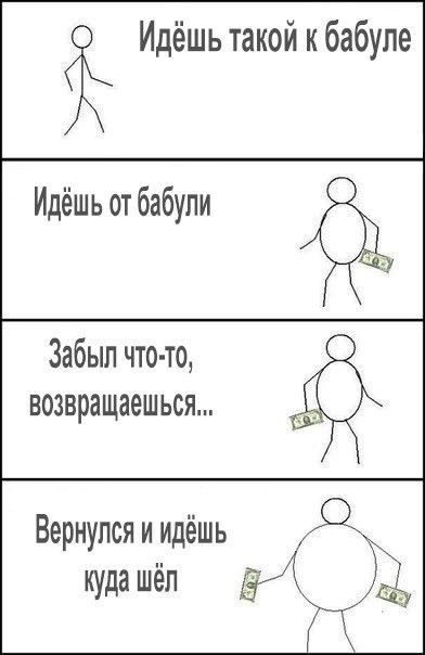 Идёшь такой кбабуле Идёшь от бабули Забыл что то возвращаешься Вернулся и идёшь куда шёл