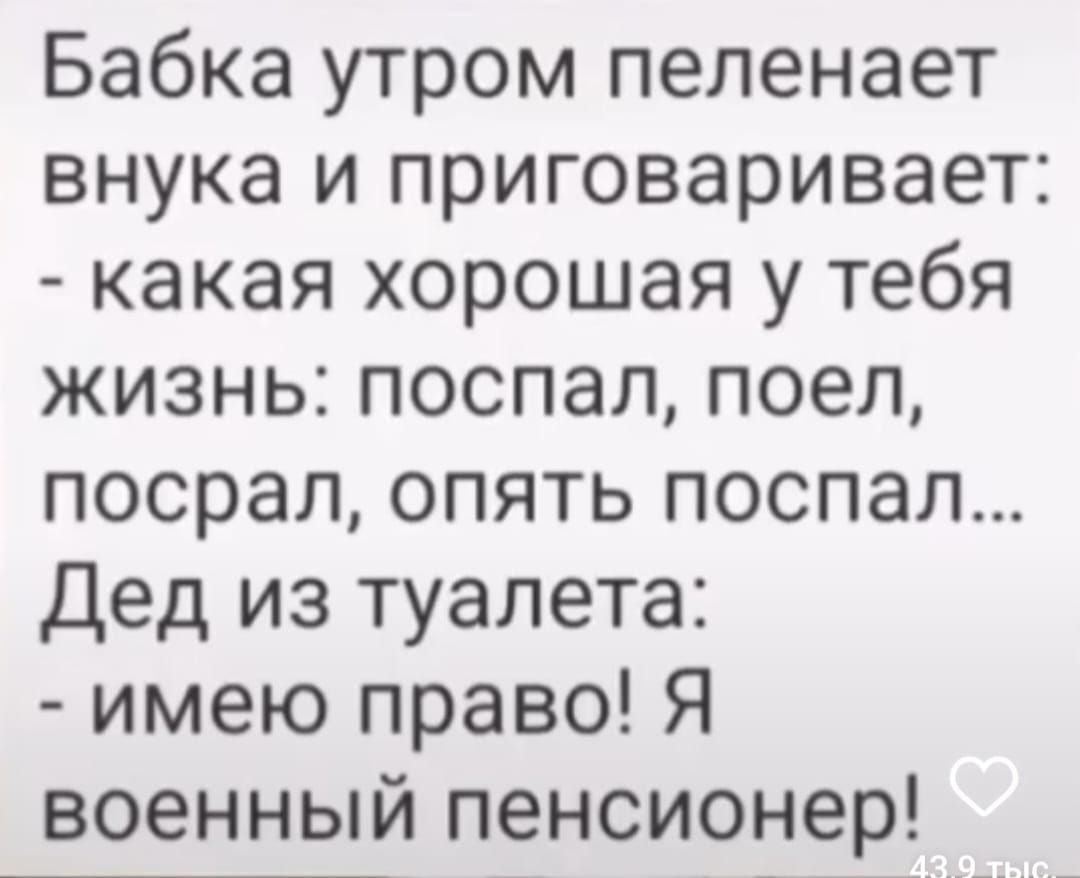 Бабка утром пеленает внука и приговаривает какая хорошая у тебя жизнь поспал поел посрал опять поспал Дед из туалета имею право Я военный пенсионер