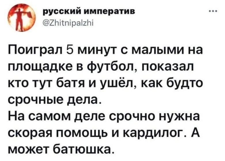 русский императив ЮщшраШМ Поиграл 5 минут с малыми на площадке 3 Футбол показал кто тут батя и ушёл как будто срочные дела На самом деле срочно нужна скорая помощь и кардилог А может батюшка