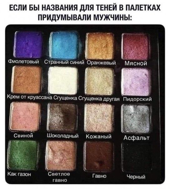 ЕСЛИ БЫ НАЗВАНИЯ дЛЯ ТЕНЕЙ В ПАЛЕТКАХ ПРИДУМЫВАЛИ МУЖЧИНЫ и П М шіапвювьм СУраииьГисииии Оранжевыи Мясипй от руасша сгущенка Сгущеика другая Пидппскии Зимней Шоколадный Кожаный Асфальт спит Черный гавно