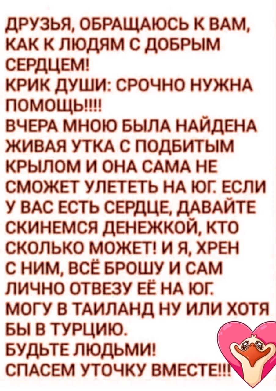 друзья ОБРАЩАЮСЬ к ВАМ КАК к людям с доврым СЕРДЦЕМ крик души срочно НУЖНА ПОМОЩЬ ВЧЕРА мною БЫЛА НАЙДЕНА ЖИВАЯ УТКА с подвитым крылом и ОНА САМА НЕ сможет УЛЕТЕТЬ НА юг если у ВАС есть СЕРДЦЕ дАВАЙТЕ скинемся дЕНЕЖКОЙ кто сколько можвтг и я хрвн с ним всё БРОШУ и сдм лично отвезу ЕЁ НА юг могу в ТАИЛАНД ну или хотя вы в турцию БУДЬТЕ людьмш СПАСЕМ уточку вмествн