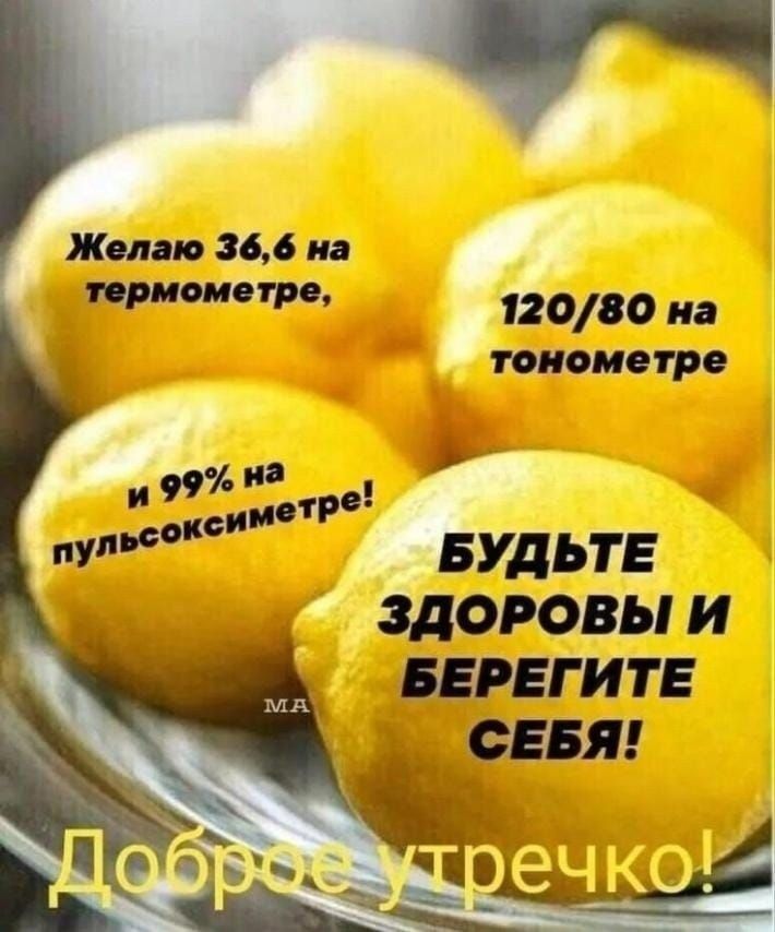 Желаю 36,6 на термометре,
120/80 на тонометре
и 99% на пульсоксименетре!
БУДЬТЕ ЗДОРОВЫ И БЕРЕГИТЕ СЕБЯ!
Доброе утречко!