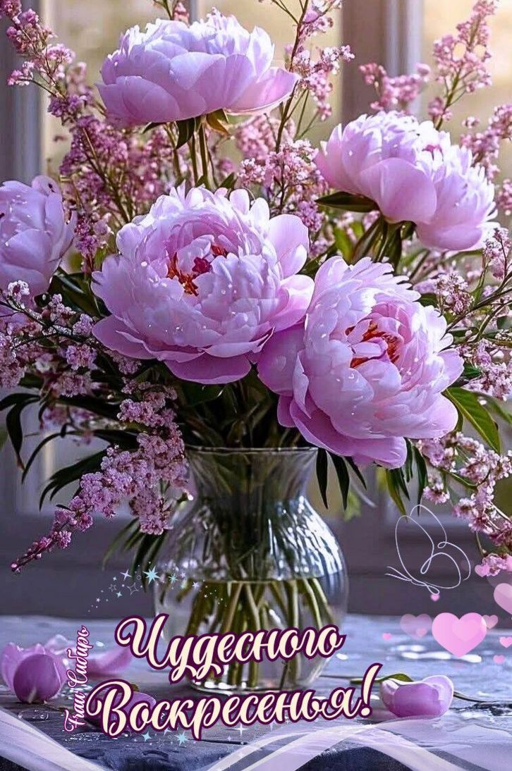 Букет пионов светло-розовых оттенков в стеклянной вазе с мелкими розовыми цветами на фоне окна