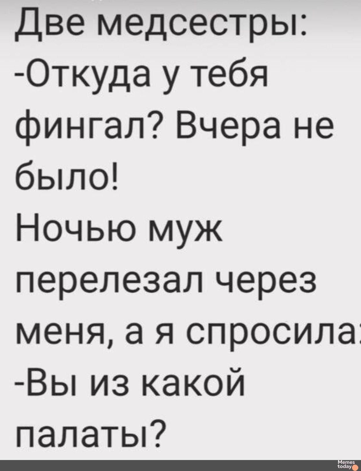 Две медсестры: -Откуда у тебя фингал? Вчера не было! Ночью муж перелезал через меня, а я спросила: -Вы из какой палаты?