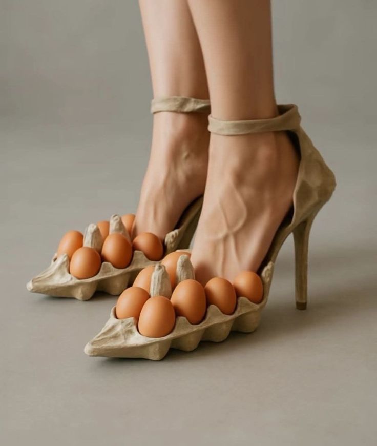 Женские туфли на каблуках с яйцами в поддонах, необычный арт-креатив
