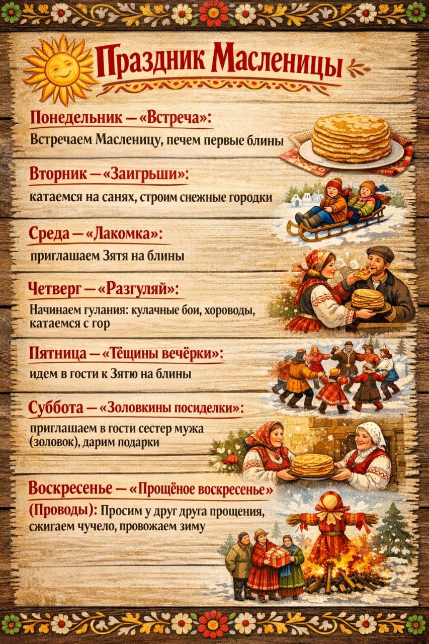 Праздник Масленицы
Понедельник — «Встреча»: Встречаем Масленицу, печем первые блины
Вторник — «Заигры»: катaемся на санях, строим снежные городки
Среда — «Лакомка»: приглашаем Зятя на блины
Четверг — «Разгуляй»: Начинаем гуляния: кулачные бои, хороводы, катаемся с гор
Пятница — «Тещины вечерки»: идем в гости к Зятю на блины
Суббота — «Золовкины посиделки»: приглашаем в гости сестер мужа (золовок), дарим подарки
Воскресенье — «Прощёное воскресенье»: просим у друг друга прощения, зажигаем чучело, провожаем зиму