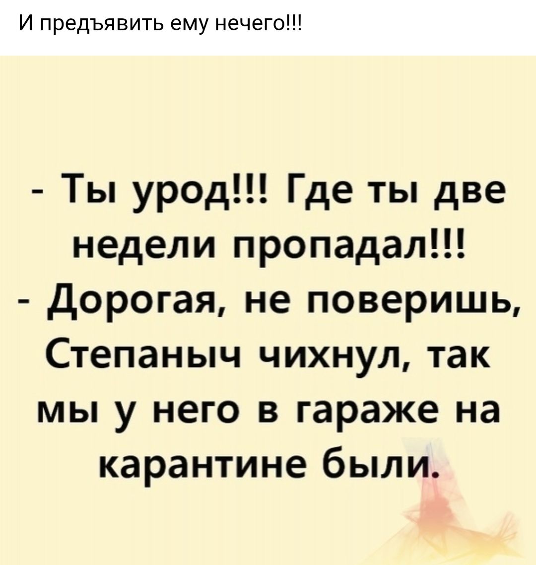 И предъявить ему нечего Ты урод Где ты две недели пропадал дорогая не поверишь Степаныч чихнул так мы у него в гараже на карантине были