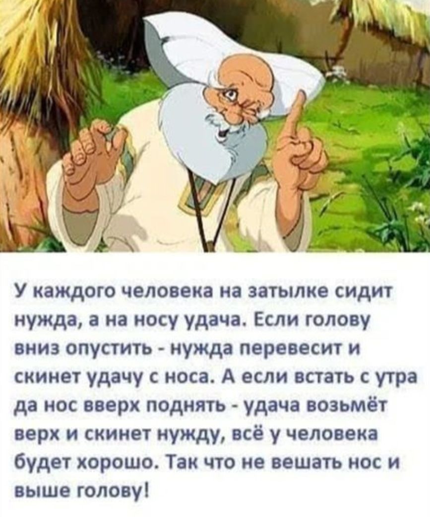 У каждого человека на затылке сидит нужда а на носу удача Если голову вниз опустить нужда перевесит и скинет удачу с носа А если встать с утра да нос вверх поднять удача возьмёт верх и скинет нужду всё у человека будет хорошо Так что не вешать нос и выше голову