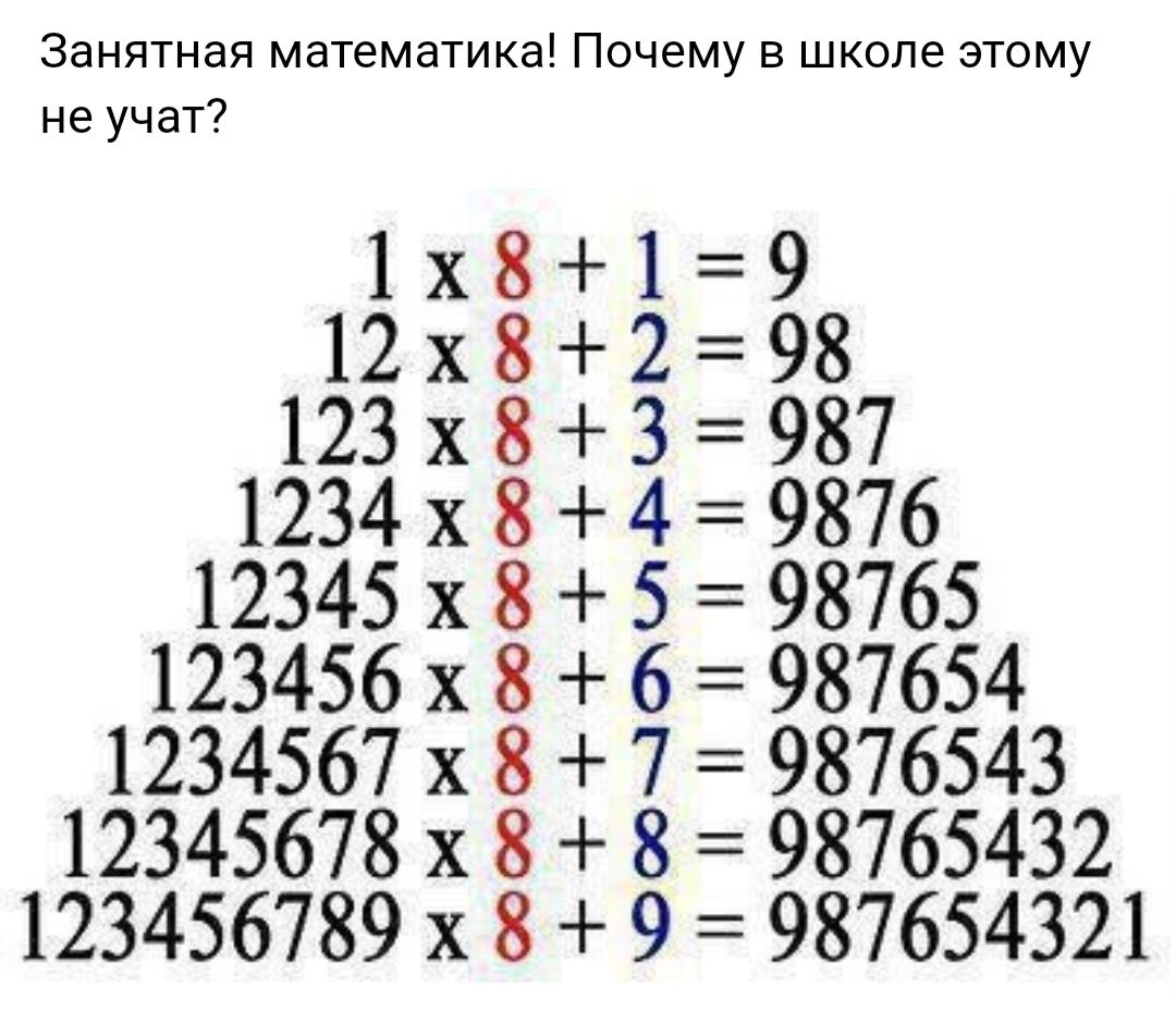 Занятная математика Почему в школе этому не учат 1х819 12х8 298 123х83 987 1234 х 8 4 9876 12345 х 8 5 98765 123456 х 8 6 987654 1234567 х 8 7 9876543 12345678 х 8 8 98765432 123456789 х 8 9 987654321