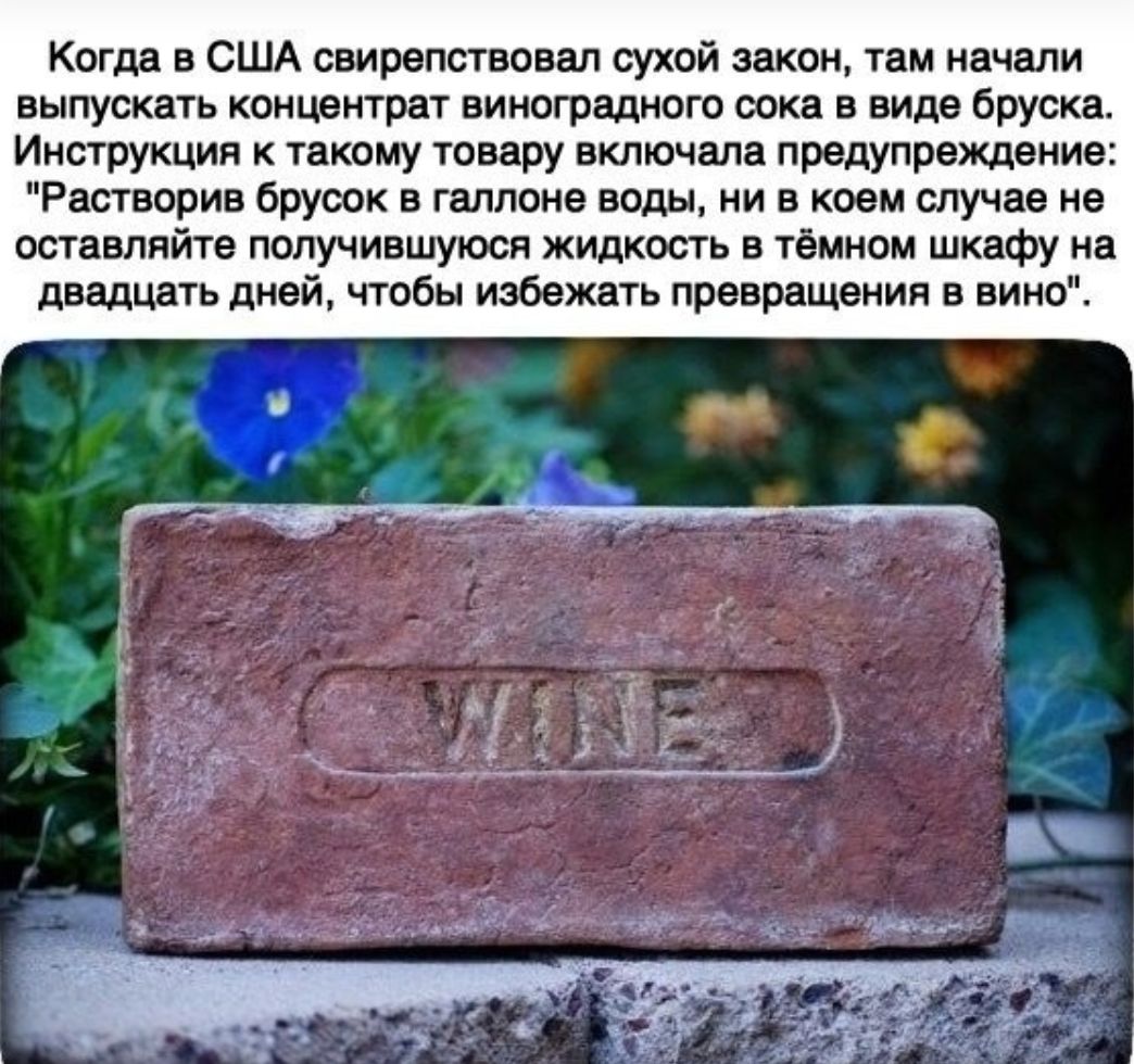 Когда в США свирепствовал сухой закон там начали выпускать концентрат виноградного оока в виде бруска Инструкция к такому товару включала предупреждение Растворив брусок в галлоне воды ни в коем случае не оставляйте получившуюся жидкость в тёмном шкафу на двадцать дней чтобы избежать превращения в вино