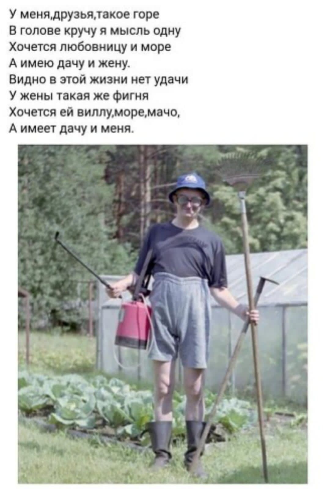 У менядрузьялакое горе В голове кручу я мысль одну Хочется любовницу и море А имею дачу и жену Видно в этой жизни нет удачи У жены такая же фигня Хочется ей виллуморемачо А имеет дачу и меня