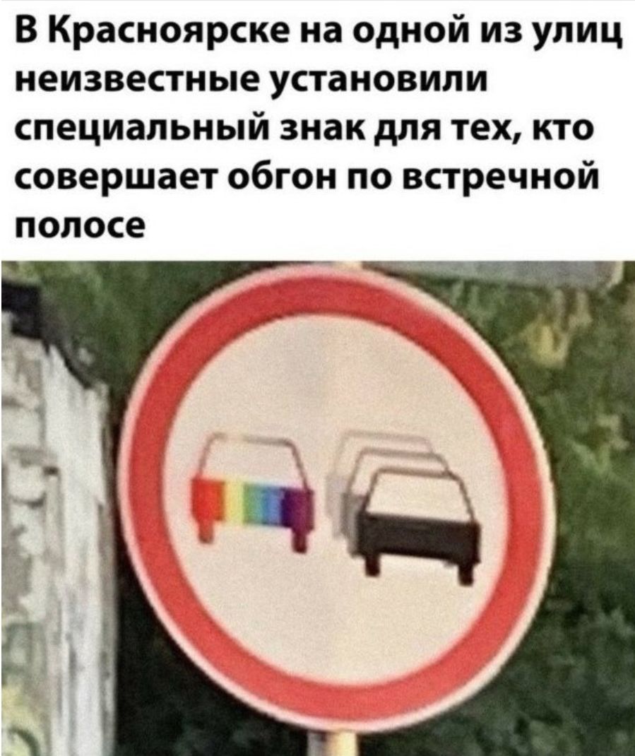 В Красноярске на одной из улиц неизвестные установили специальный знак для тех кто совершает обгон по встречной ПОЛОСЕ