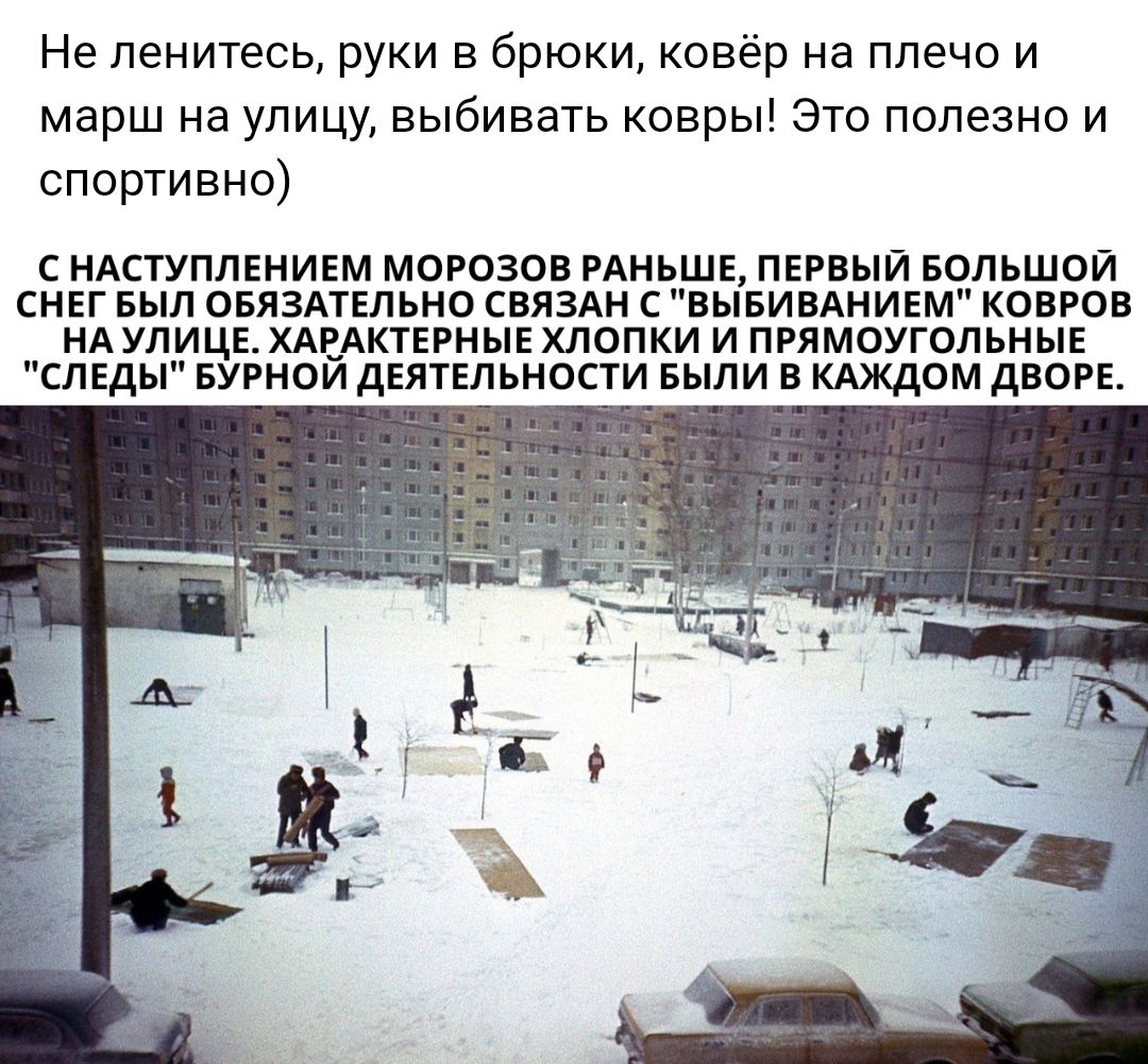 Не ленитесь руки в брюки ковёр на плечо и марш на улицу выбивать ковры Это полезно и спортивно С НАСТУПЛЕНИЕМ МОРОЗОВ РАНЬШЕ ПЕРВЫИ БОЛЬШОИ СНЕГ БЫЛ ОБЯЗАТЕЛЬНО СВЯЗАН С ВЫБИВАНИЕМ КОВРОВ НА УЛИЦЕ ХАВАКТЕРНЫЕ ХЛОПКИ И ПРЯМОУГОЛЬНЫЕ СЛЕДЫ БУРНОИ ДЕЯТЕЛЬНОСТИ БЫЛИ В КАЖДОМ дВОРЕ