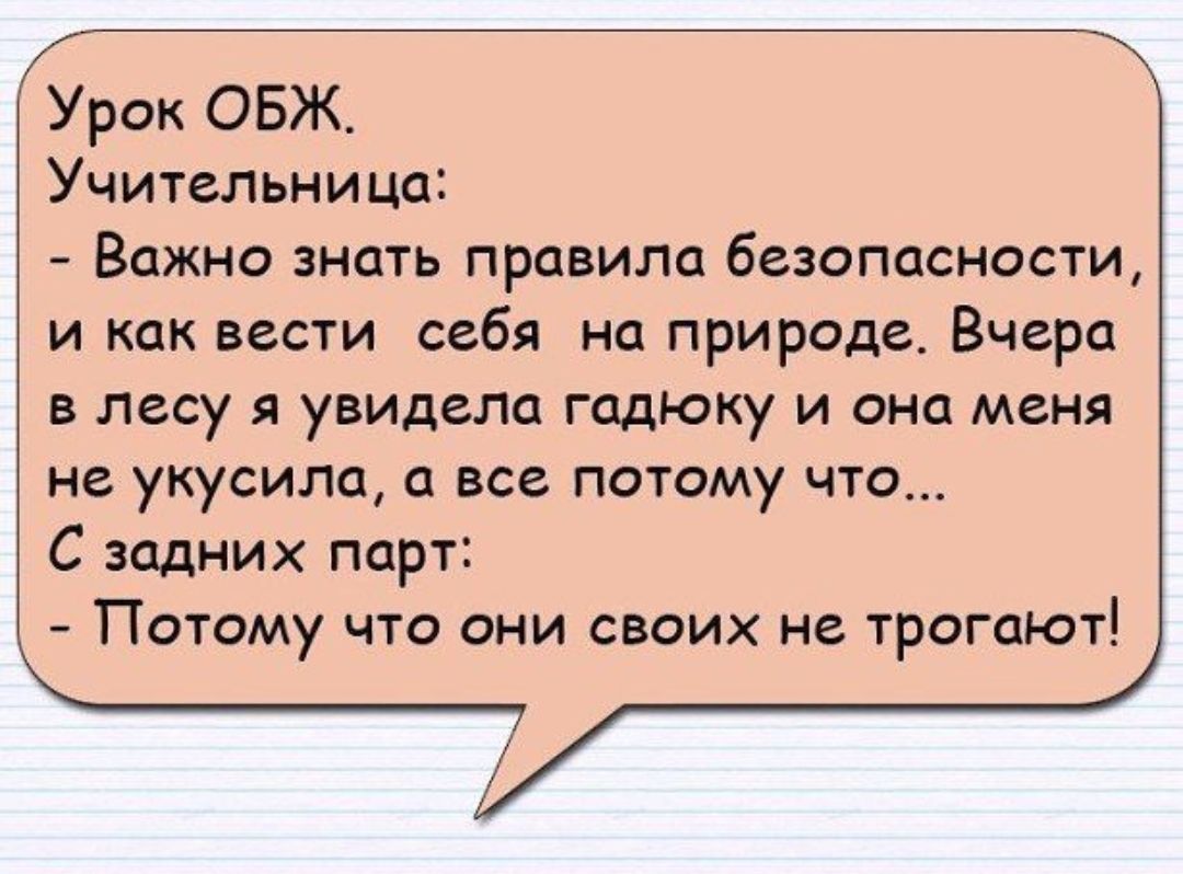 Урок ОБЖ Учительница Важно знать правила безопасности и как вести себя на природе Вчера в лесу я увидела гадюку и она меня не укусила а все потому что С задних парт Потому что они своих не трогают
