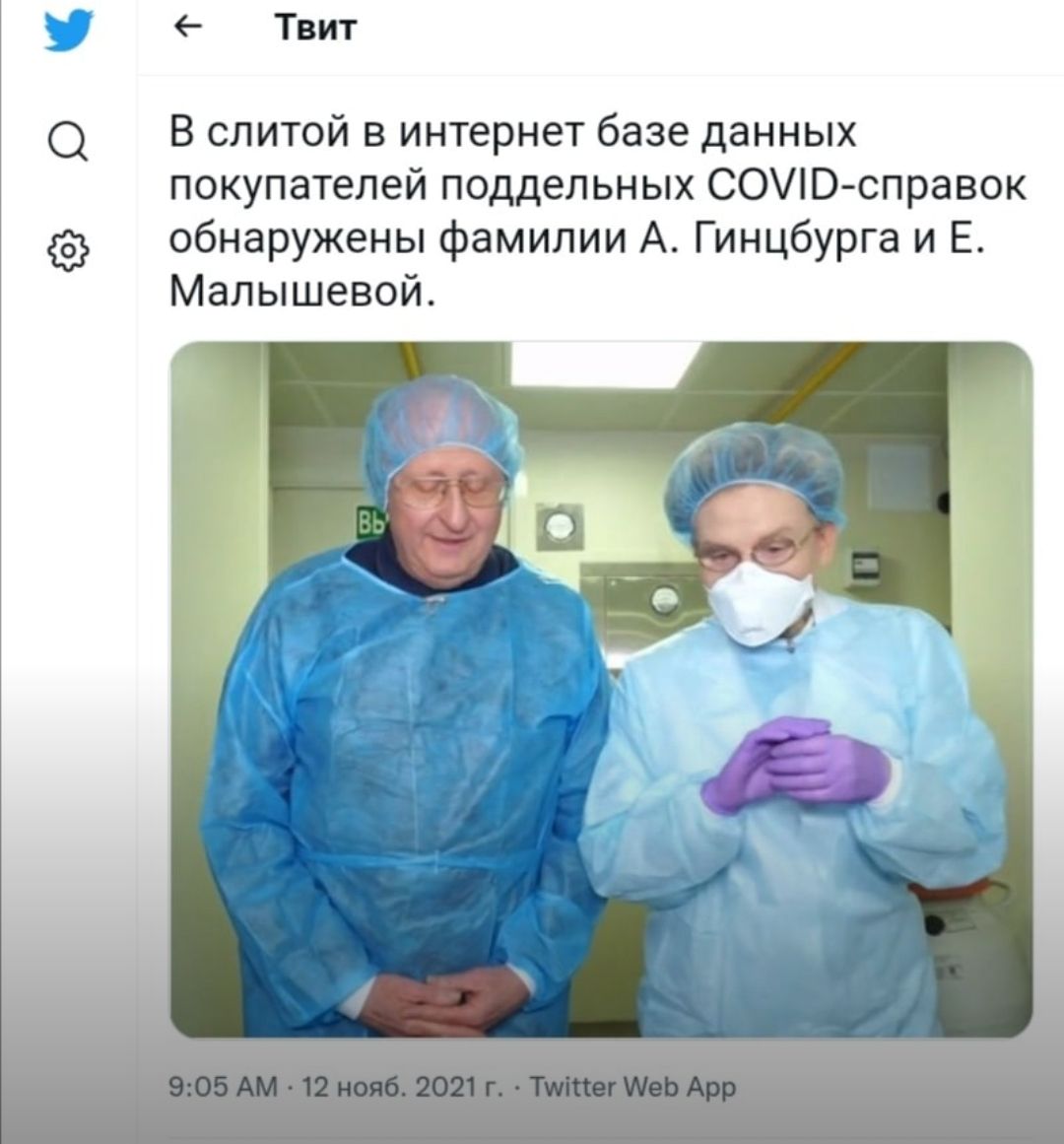 Твит В слитой в интернет базе данных покупателей поддельных СОВ справок обнаружены фамилии А Гинцбурга и Е Малышевой