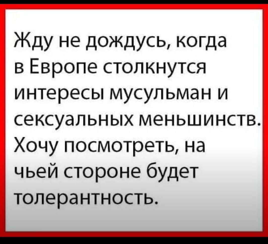 Жду не дождусь когда в Европе столкнутся интересы мусульман и сексуальных меньшинств Хочу посмотреть на чьей стороне будет толерантность