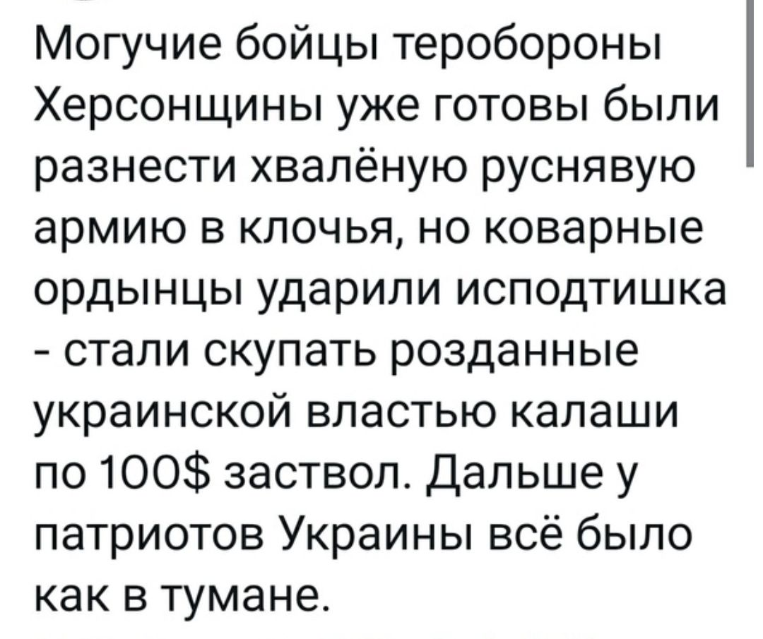 Могучие бойцы теробороны Херсонщины уже готовы были разнести хвалёную руснявую армию в клочья но коварные ордынцы ударили исподтишка стали скупать розданные украинской властью калаши по 100 заствол Дальше у патриотов Украины всё было как в тумане