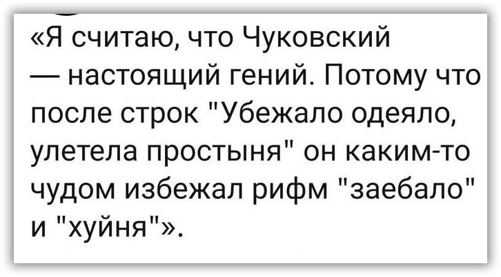 Я считаю что Чуковский настоящий гений Потому что после строк Убежапо одеяло улетела простыня он какимто чудом избежал рифм заебало и хуйня