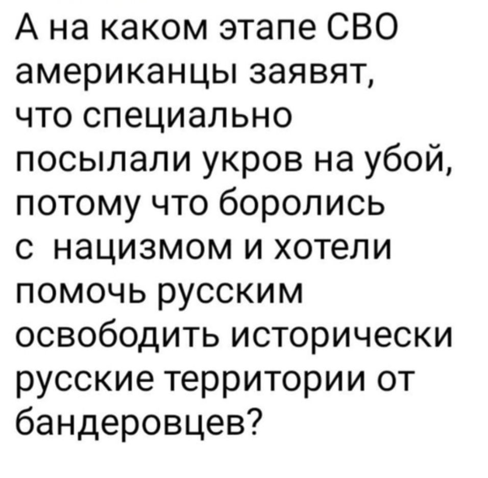 А на каком этапе СВО американцы заявят что специально посылали укров на убой потому что боролись с нацизмом и хотели помочь русским освободить исторически русские территории от бандеровцев