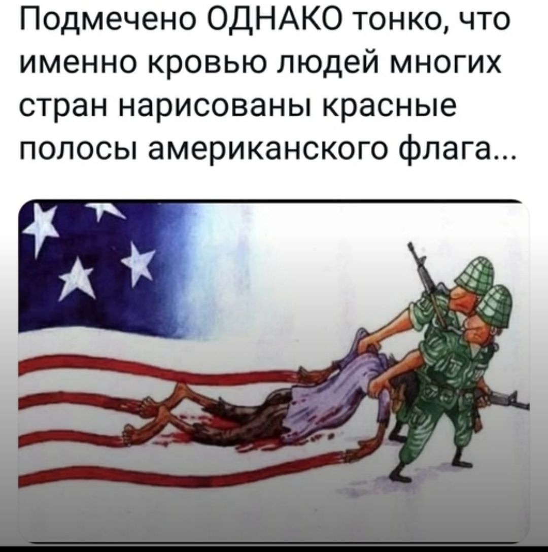 Подмечено ОДНАКО тонко что именно кровью людей многих стран нарисованы красные полосы американского флага