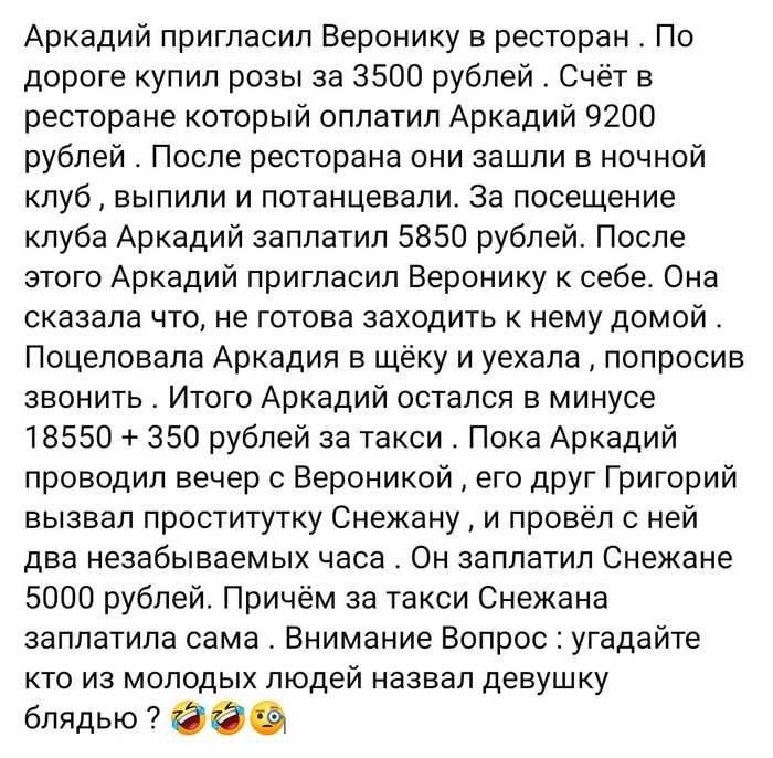Аркадий пригласил Веронику в ресторан По дороге купил розы за 3500 рублей Счёт в ресторане который оплатил Аркадий 9200 рублей После ресторана они зашли в ночной клуб выпили и потанцевапи за посещение клуба Аркадий заплатил 5850 рублей После этого Аркадий пригласил Веронику себе Она сказала что не готова заходить к нему домой Поцеловапа Аркадии в щеку и уехала попросив звонить Итого Аркадий осталс