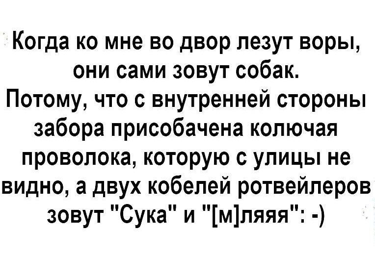 Когда ко мне во двор лезут воры они сами зовут собак Потому что с внутренней стороны забора присобачена колючая проволока которую с улицы не видно а двух кобелей ротвейлеров зовут Сука и мпяяя