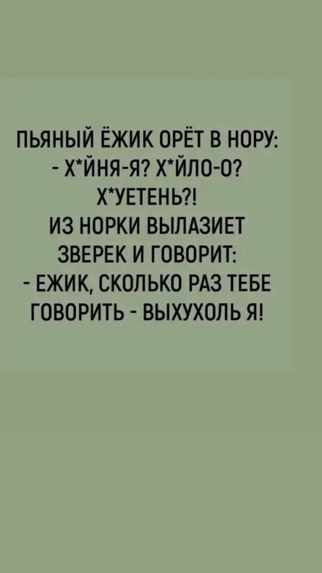 пьяный Ёжик ОРЁТ в НОРУ ХЙНЯ Я ХЙЛО О ХУЕТЕНЬ из норки вылдзивт ЗВЕРЕК и ГОВОРИТ ежик сколько РАЗ тввв говорить выхухоль Я